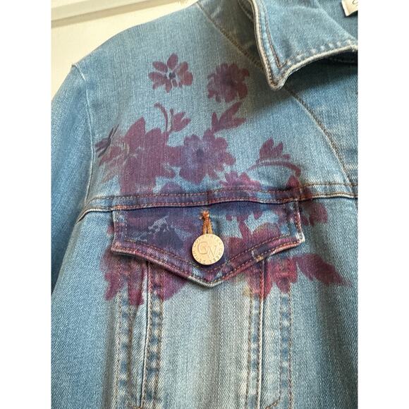 Coldwater Creek Stretchy Blue Jean Jacket with Pink/Purple Watercolor Flowers - Picture 6 of 8